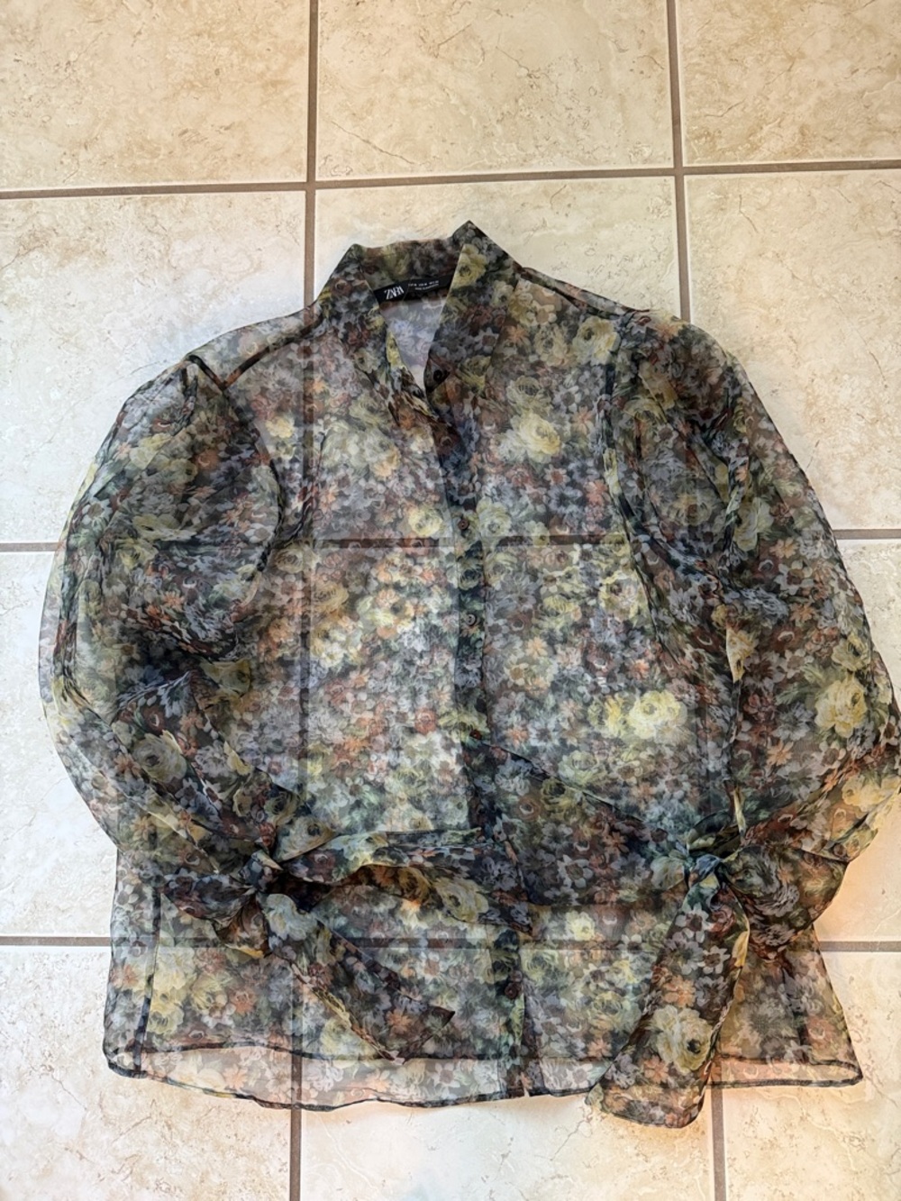 Zara Sheer Floral Button-Down Blouse in Yellow and Brown size M - Picture 4 of 6
